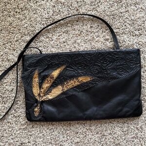 vintage black leather purse with snakeskin floral details